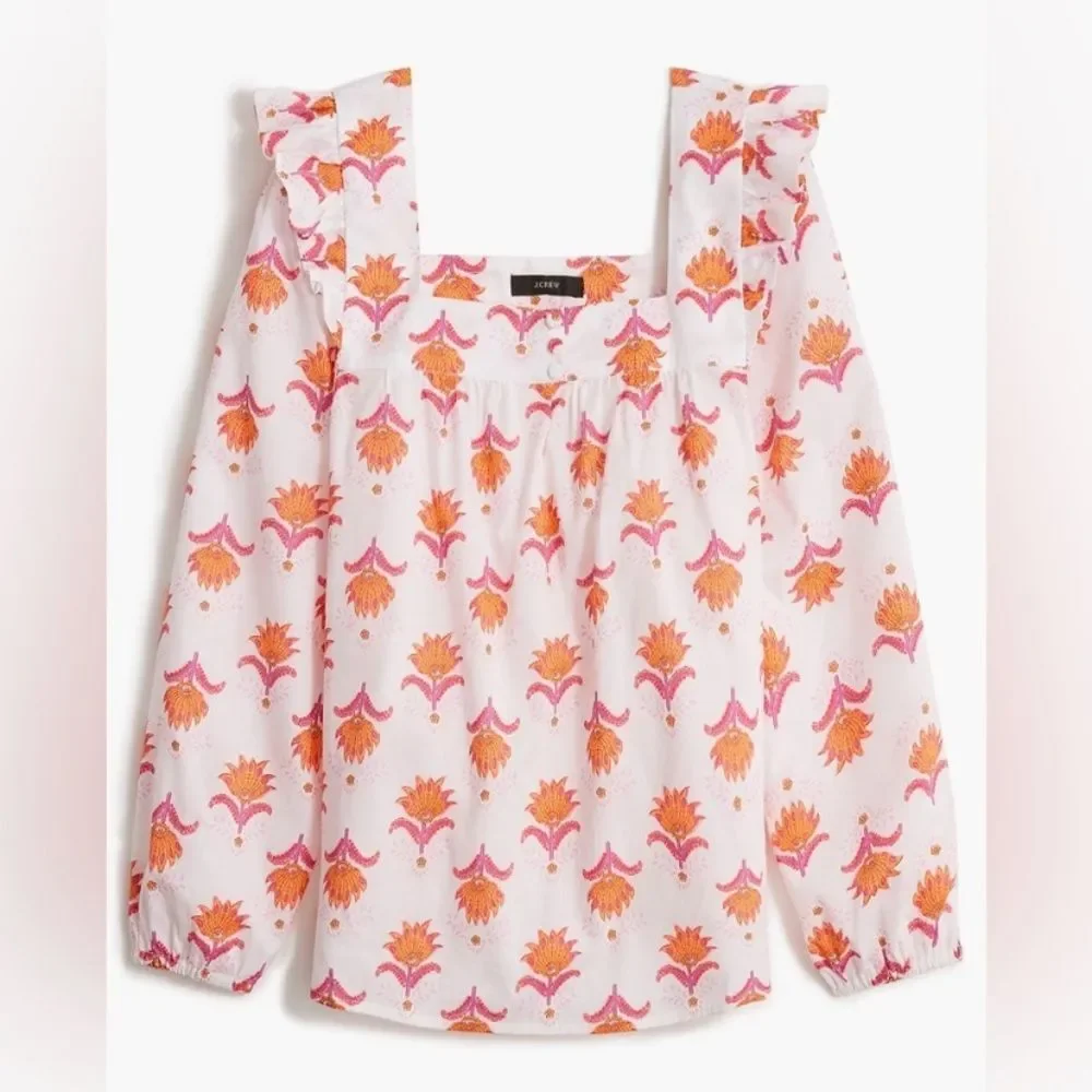 J. Crew White Square-Neck Ruffle Top Blouse with Pink & Orange Floral Print Sz M